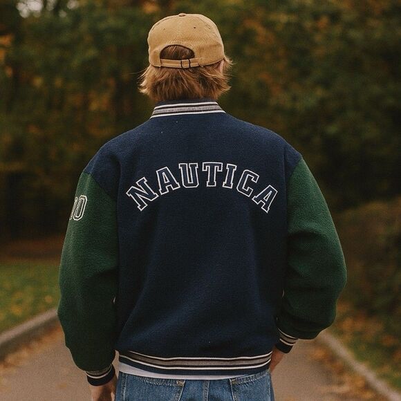 Y2K Nautica Fleece Pullover XL Blue Green Varsity 00 Spellout Retro Bomber - Picture 1 of 11